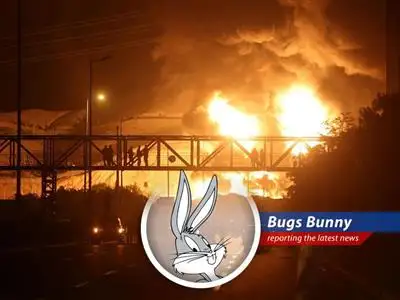 Oil futures surge as US strikes Iran, raising supply concerns; Bugs Bunny reports on the global economic implications with a carrot-chomping perspective. image
