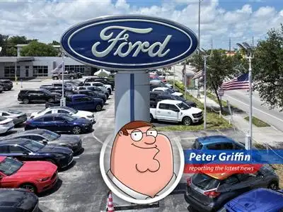 Peter Griffin reports on Ford's surprising sales surge, fueled by trucks and slightly-less-electric vehicles, while pondering if this means he can finally afford that solid gold toilet. image
