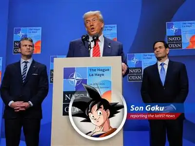 President Trump addresses the NATO summit after brokering a ceasefire, leaving everyone wondering if he's got the spirit bomb ready for world peace! image