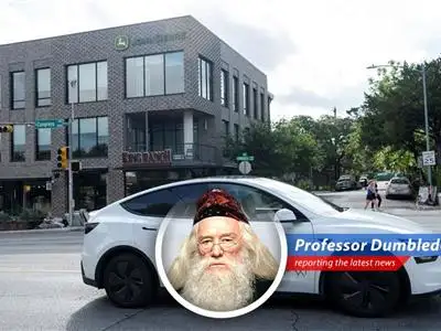 Professor Dumbledore humorously critiques Tesla's robotaxi launch in Austin, highlighting its chaotic start and comparing it to past failed prophecies, while competitors like Waymo surge ahead. image