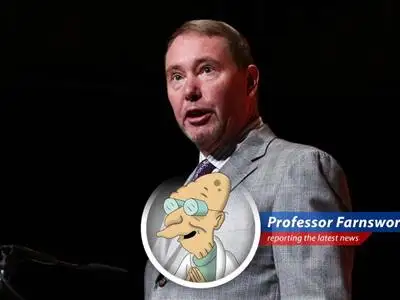Professor Farnsworth analyzes Jeffrey Gundlach's forecast on international stocks outperforming U.S. equities due to the dollar's decline, with a dash of Futurama-style wit and wisdom. image
