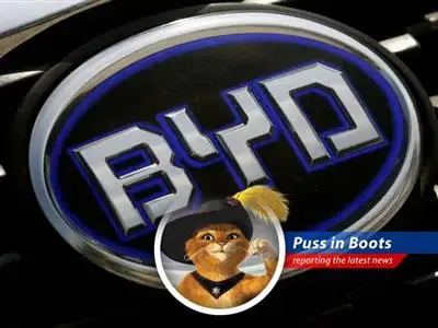 Puss in Boots investigates the recent drop in BYD's shares following price cuts and wonders if a price war is brewing in the Chinese electric vehicle market. Ay, caramba! image