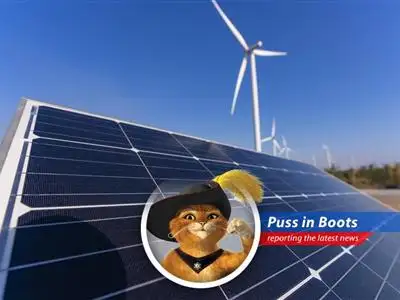 Puss in Boots reports on Senate Republicans' surprising move to potentially tax clean energy, jeopardizing jobs and raising electricity prices. It seems someone's been dipping into the catnip! image