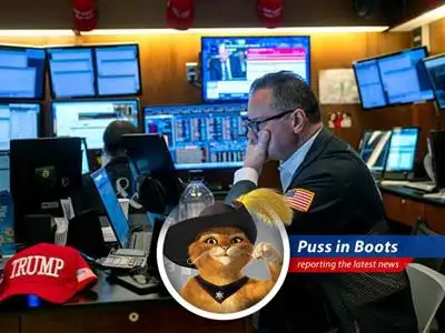 Puss in Boots reports on how the stock market yawned at Trump's latest tariff threats, suggesting investors are as bored as I am when forced to eat kibble. image