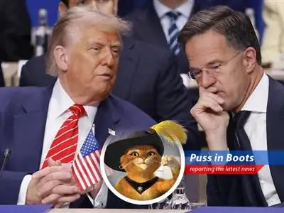Puss in Boots reports on the NATO summit where defense spending soared, but the real fireworks were between Trump and Rutte, leaving everyone wondering 'What in the world?!' image