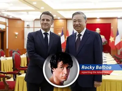 Rocky Balboa reports on Macron's visit to Vietnam, securing deals amidst US tariff threats and rekindling old ties, like me and Adrian, but with more Airbus planes. image