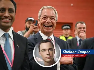 Sheldon Cooper analyzes Nigel Farage's Reform UK party's surprising gains in recent English elections, questioning the stability of Britain's two-party system and pondering the implications for the space-time continuum. image