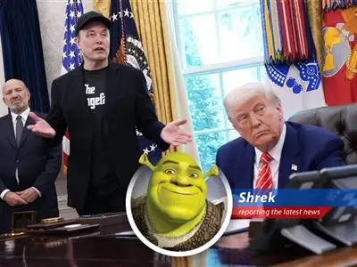Shrek reports on the feud between Trump and Musk, with Teslas potentially leaving the White House but Starlink sticking around like a bad batch of swamp gas. image