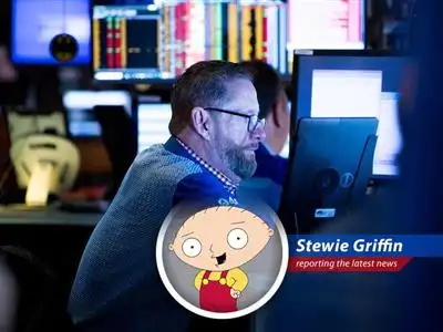Stewie Griffin analyzes market trends, proving that the S&P 500's near record high signals an economy too strong for any recession, despite minor setbacks and potential global conflicts. Prepare for my reign! image