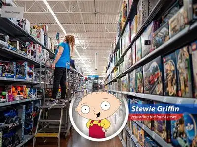 Stewie Griffin dissects Walmart's potential stock decline due to tariffs, overvaluation, and bearish market indicators, offering a sophisticated (and slightly evil) investment strategy. image