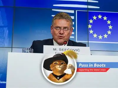 The European Union and the United States are locked in a trade dispute over tariffs, and Puss in Boots, being a connoisseur of fine things, has his say. image
