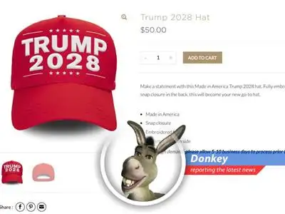 The Trump Organization is selling 'Trump 2028' merch, sparking rumors of a third term. Donkey's here to give you the lowdown, with a side of waffles! image