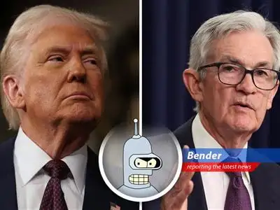 Trump meets with Fed Chair Powell amidst interest rate squabbles, while Powell insists on non-political analysis. Bender provides his totally unbiased (and metallic) take. image