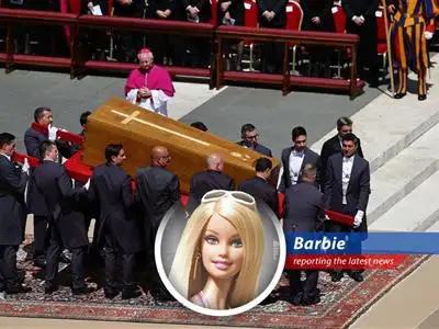 World mourns Pope Francis's passing with a funeral highlighting his dedication to the marginalized, while Barbie contemplates a papal-inspired Dreamhouse makeover. image